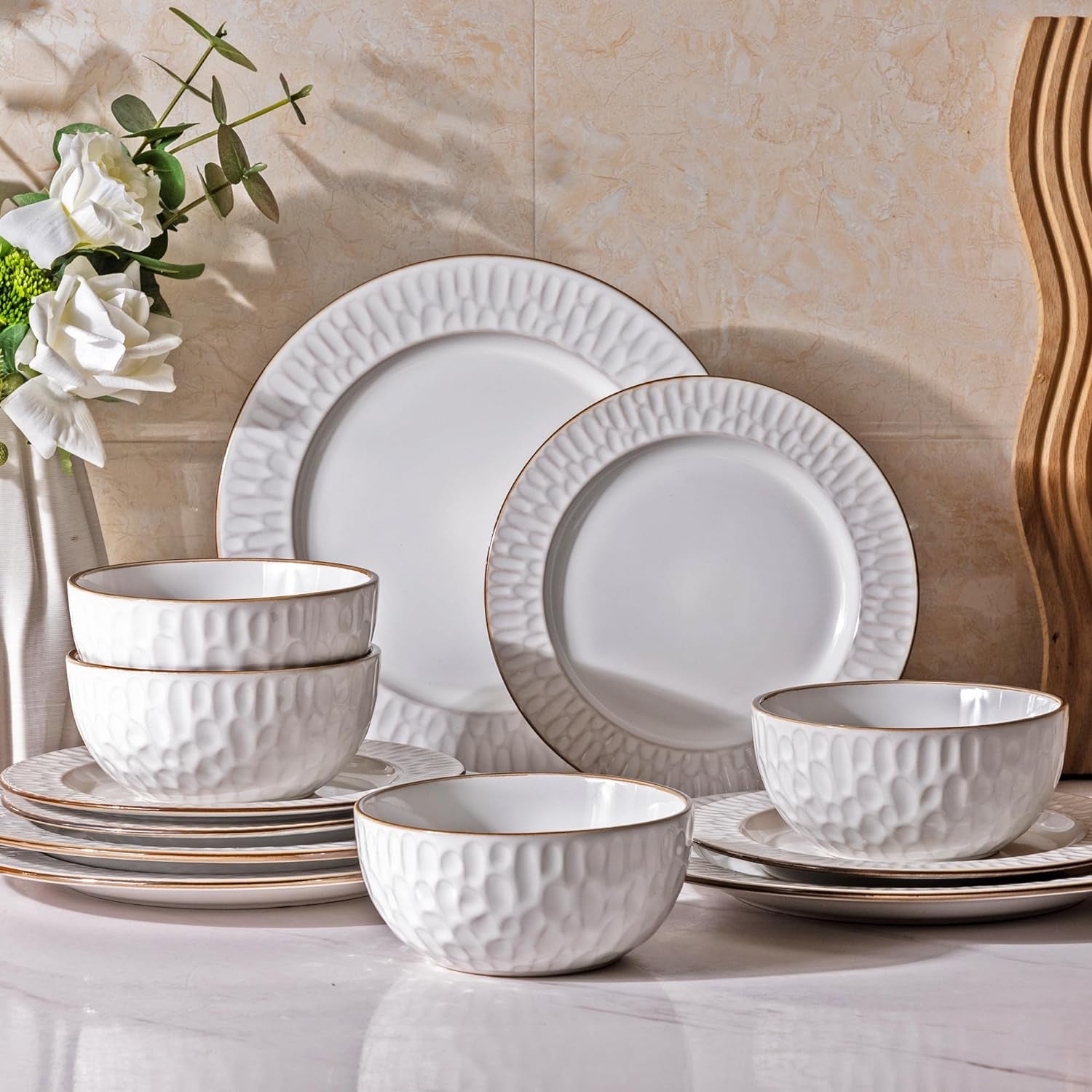 Ceramic Dinnerware Sets, Embossed Elegant Stoneware Plates and Bowls Sets, Housewarming Wedding Gift | Dishwasher & Microwave Safe | Dishes Set Service for 4