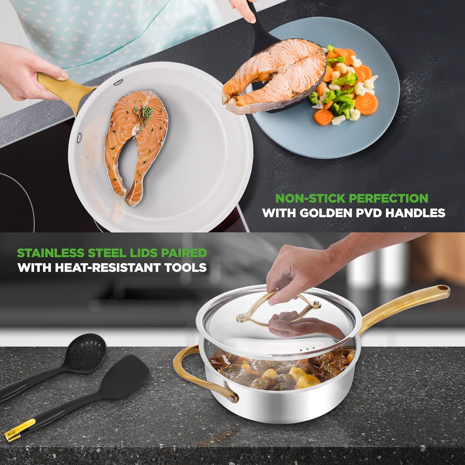 Nutrichef 16-Piece Premium Stainless Steel Cookware Set – Tri-Ply Construction, Induction Compatible, Stylish Design with Golden Handles, Includes Pots, Ceramic Coated Fry Pans, and Utensils