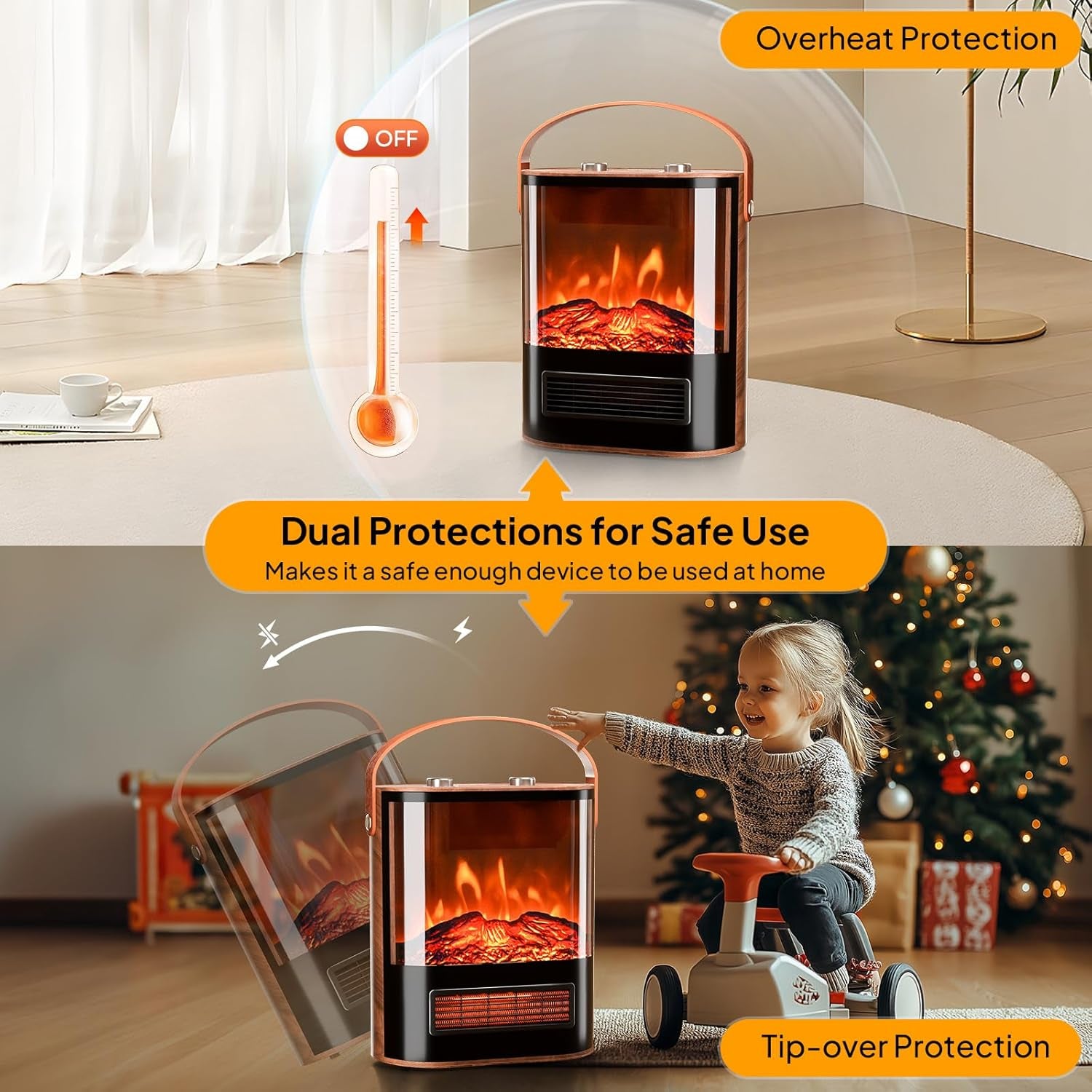 ROVSUN Electric Fireplace Heater for Indoor Use, 1500W Portable Fake Fireplace with 3D Realistic Flame, Adjustable Temperature, Overheat Protection & 4 Modes for Home Living Room Bedroom Office