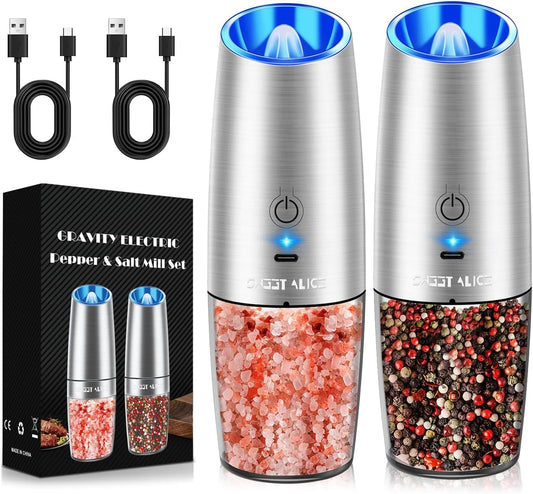 Sweet Alice Rechargeable Electric Pepper and Salt Grinder Set, No Battery Needed, Whit Gravity Sensing Switch and LED Light, One Hand Automatic Operation, Sliver 2 Pack