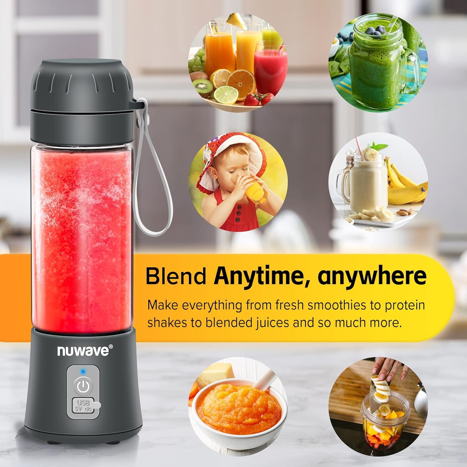 Nuwave Portable Blender for Shakes and Smoothies, On-The-Go Personal Blender with USB-C Rechargeable, 6-Piece-Blade for Crushing Ice, BPA Free 18 Oz Tritan Jar for Travel, Office and Sports