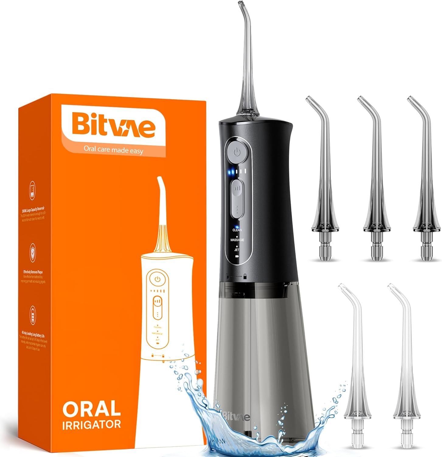 Bitvae Water Dental Flosser for Teeth 3 Modes 5 Intensities Rechargeable Black