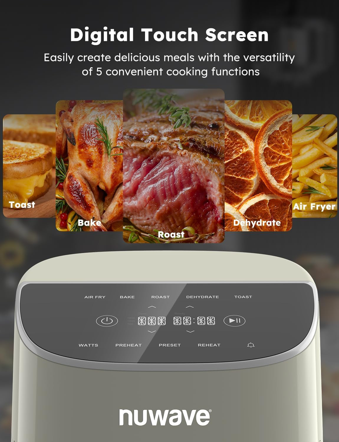 Nuwave Brio plus 8 Qt Air Fryer, PFAS Free, New & Improved, Digital Touch Screen, Cool White Display, 50°F~400°F in Precise 5°, 5 Cook Functions, 100 Presets & 50 Memory, 3 Wattages 700, 1500, 1800