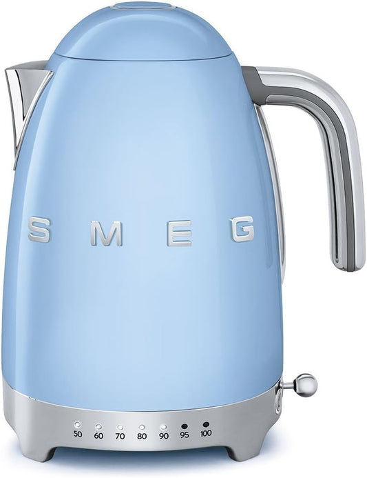 Smeg 50'S Retro 7 Cup Stainless Steel Variable Temperature Electric Kettle with 7 Temperature Settings, Led Display, Swivel Base and Keep Warm Function Pastel Blue KLF04BLUS