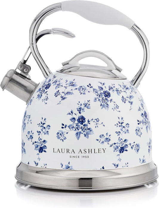 Laura Ashley China Rose 3L Stainless Steel Tea Kettle Stovetop Whistling Teapot for Induction, Gas Hob or Others. Silicon Coated Cool Handle & Push Button Mechanism Vintage Stove Top Kettle