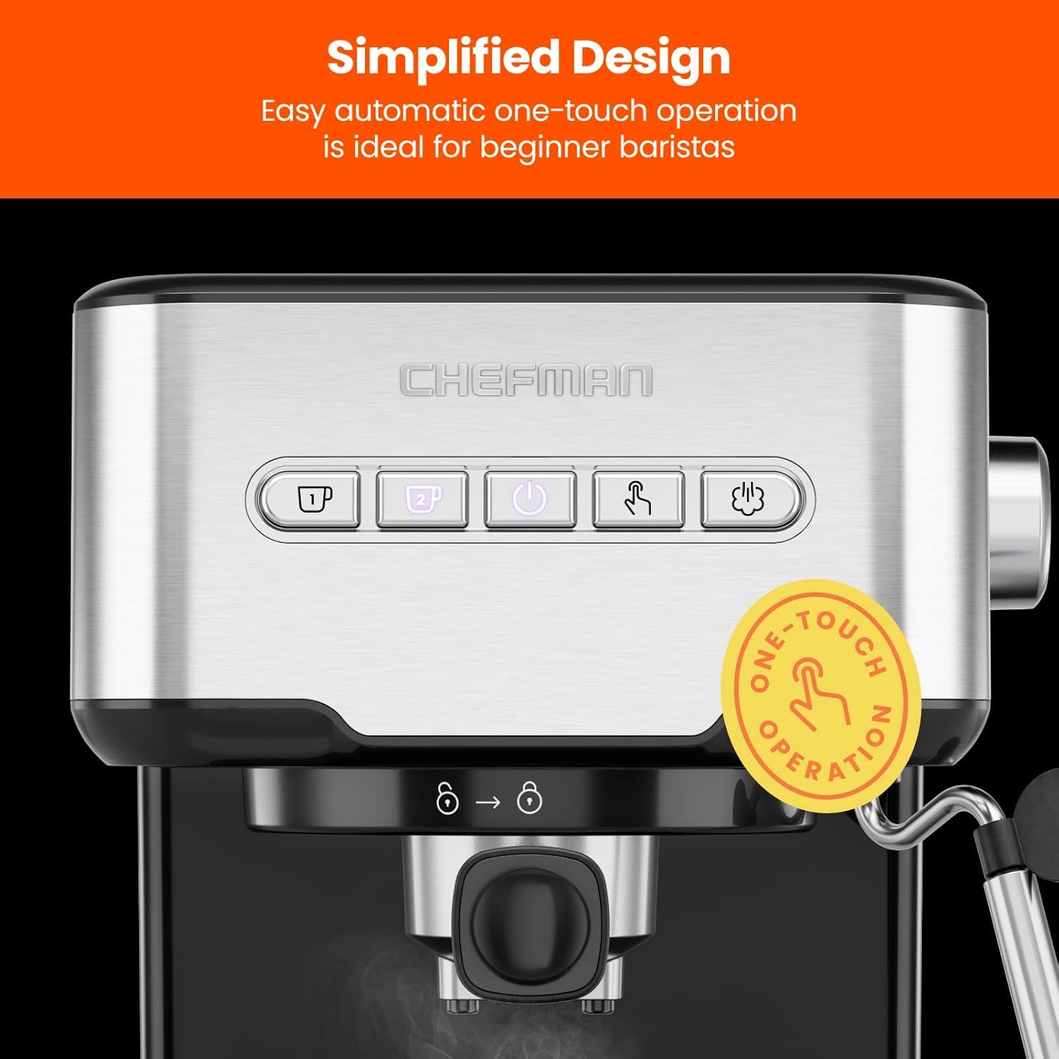 Chefman 6-In-1 Espresso Machine with Steamer, One-Touch Single or Double Shot Maker, Coffee Cappuccino Machine, Latte Built-In Milk Frother Stainless Steel