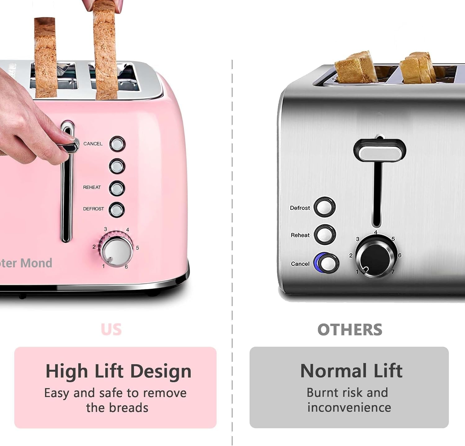 Roter Mond Retro Stainless Steel Toaster 4 Slice Extra Wide 6 Browning Levels Pink