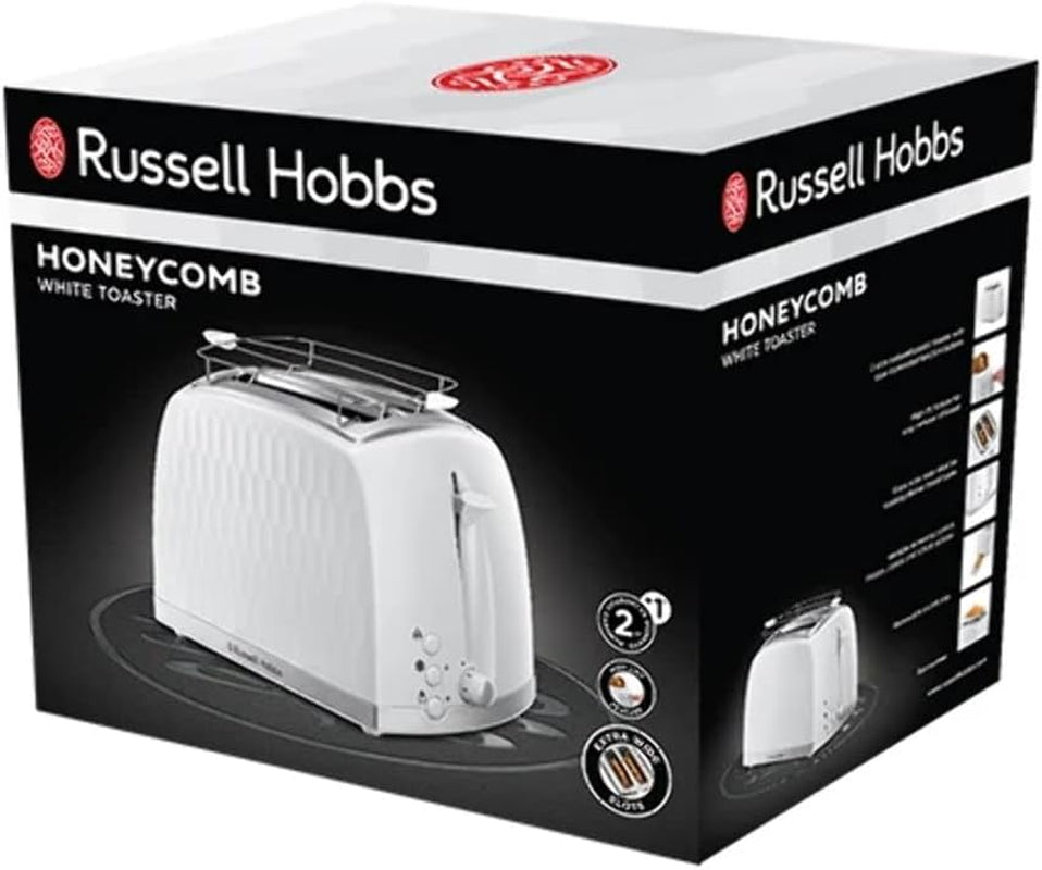 Honeycomb 2 Slice Toaster (Extra Wide Slots, High Lift Feature, 6 Browning Levels, Frozen/Cancel/Reheat Function, Removable Crumb Tray, 850W, White Textured High Gloss) 26060