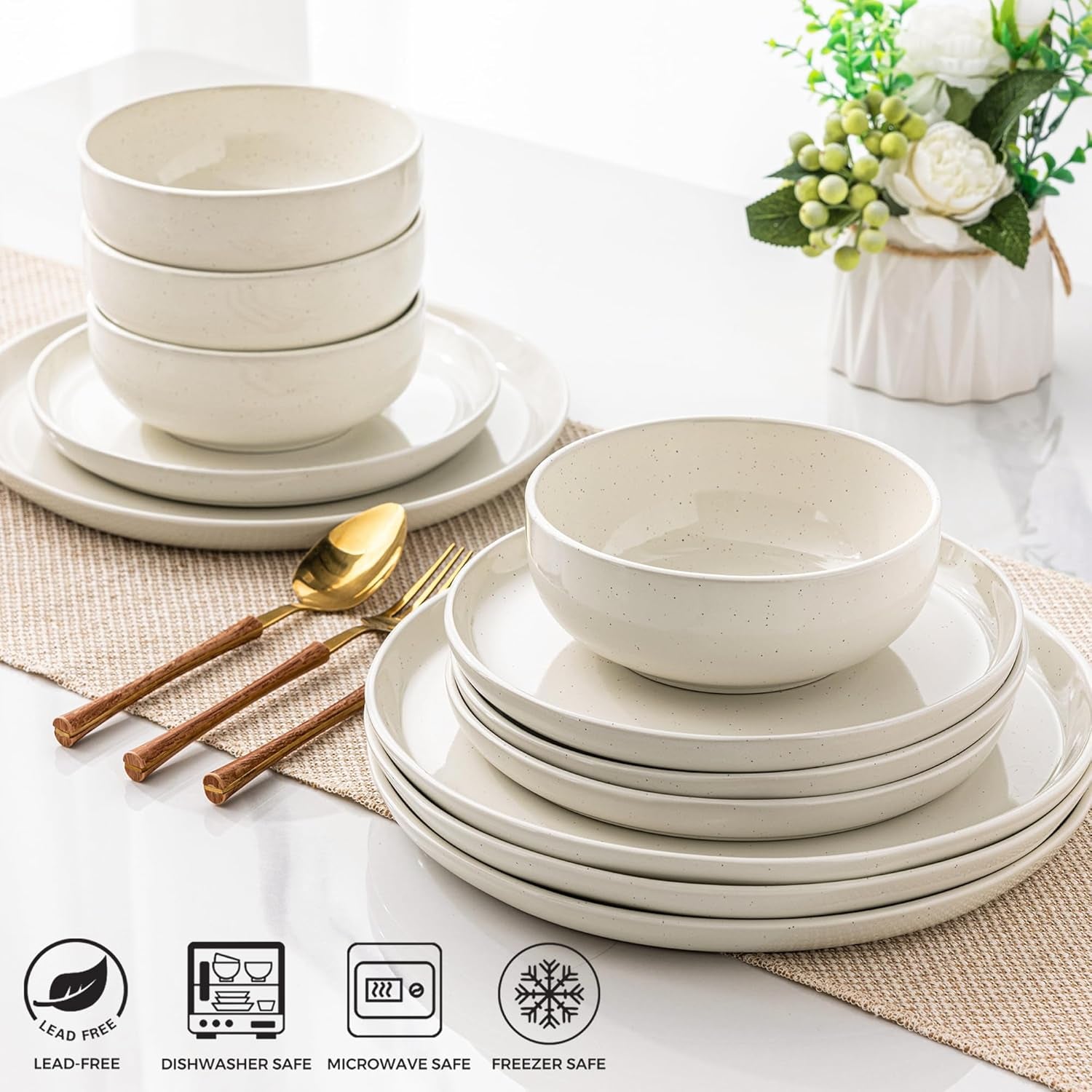 Dinnerware Set for 4, GBHOME 12 Pieces Speckled Glaze Plates and Bowls Sets, Handmade Chip and Scratch Resistant Stoneware Dishes Set, Dishwasher & Microwave Safe