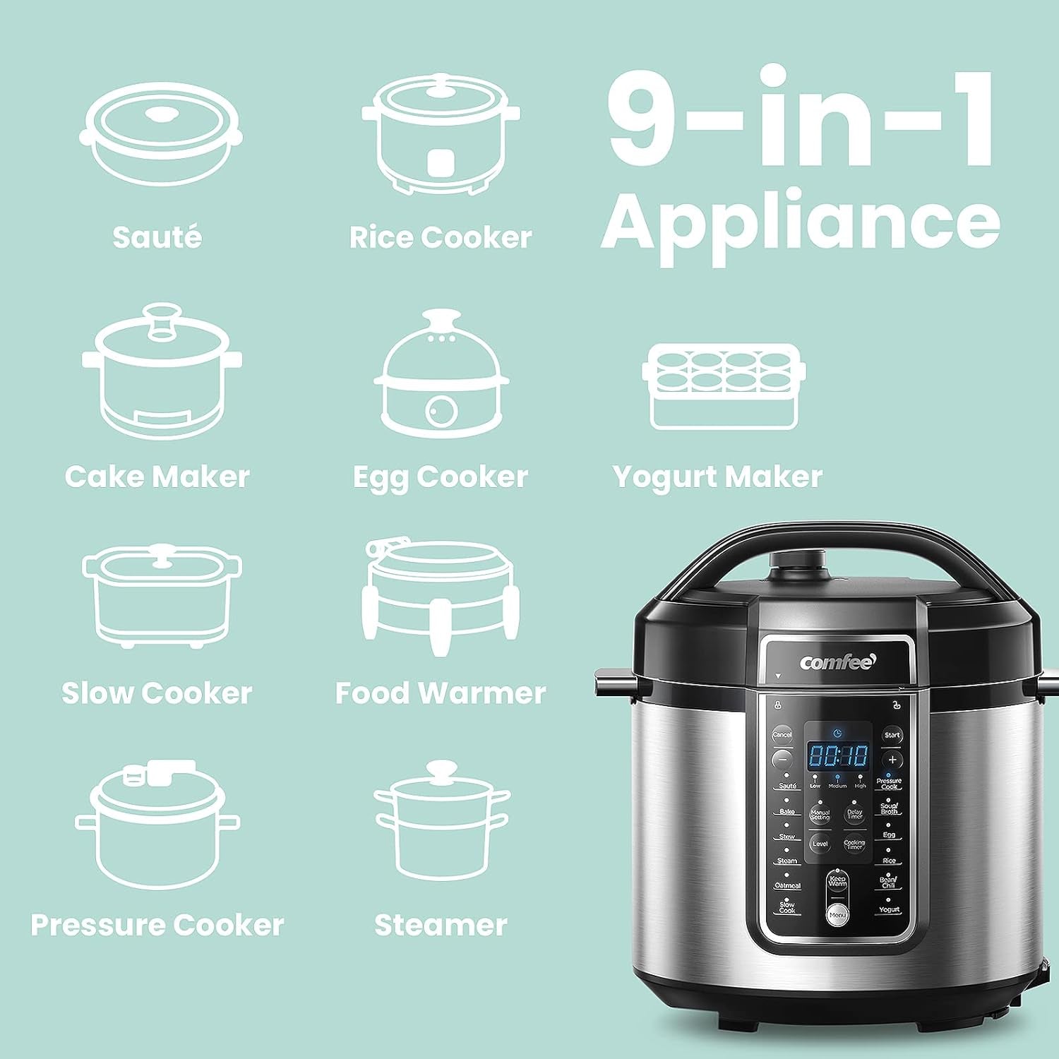 COMFEE’ Pressure Cooker 6 Quart with 12 Presets, Multi-Functional Programmable Slow Cooker, Rice Cooker, Steamer, Sauté Pan, Egg Cooker, Warmer and More