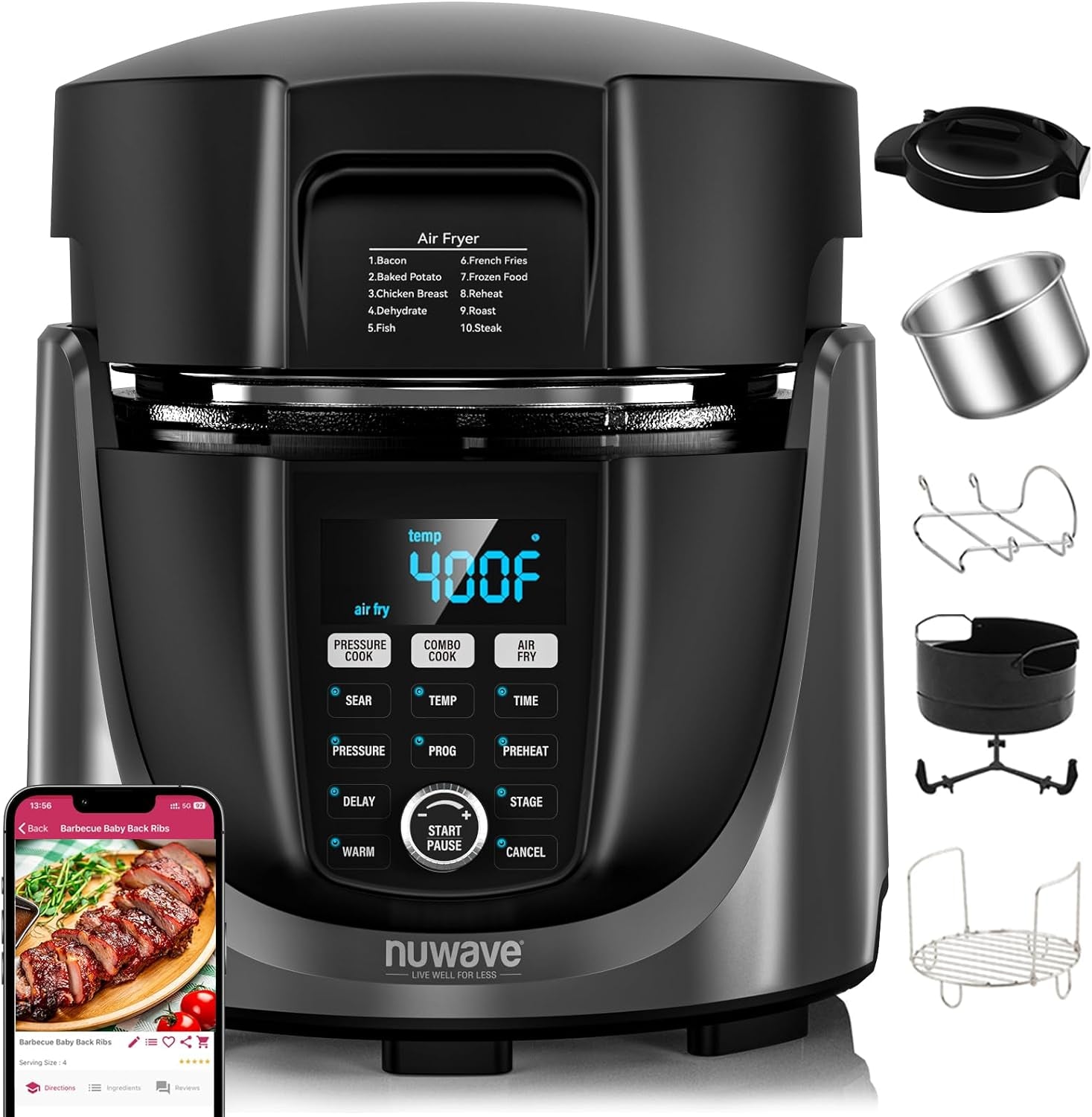 Nuwave Duet Air Fryer and Electric Pressure Cooker Combo with 2 Switchable Lids, 300 Foolproof One-Touch Presets, Crisp&Tender Tech, 6QT Heavy-Duty Stainless Steel Pot, 15+ Safety Features