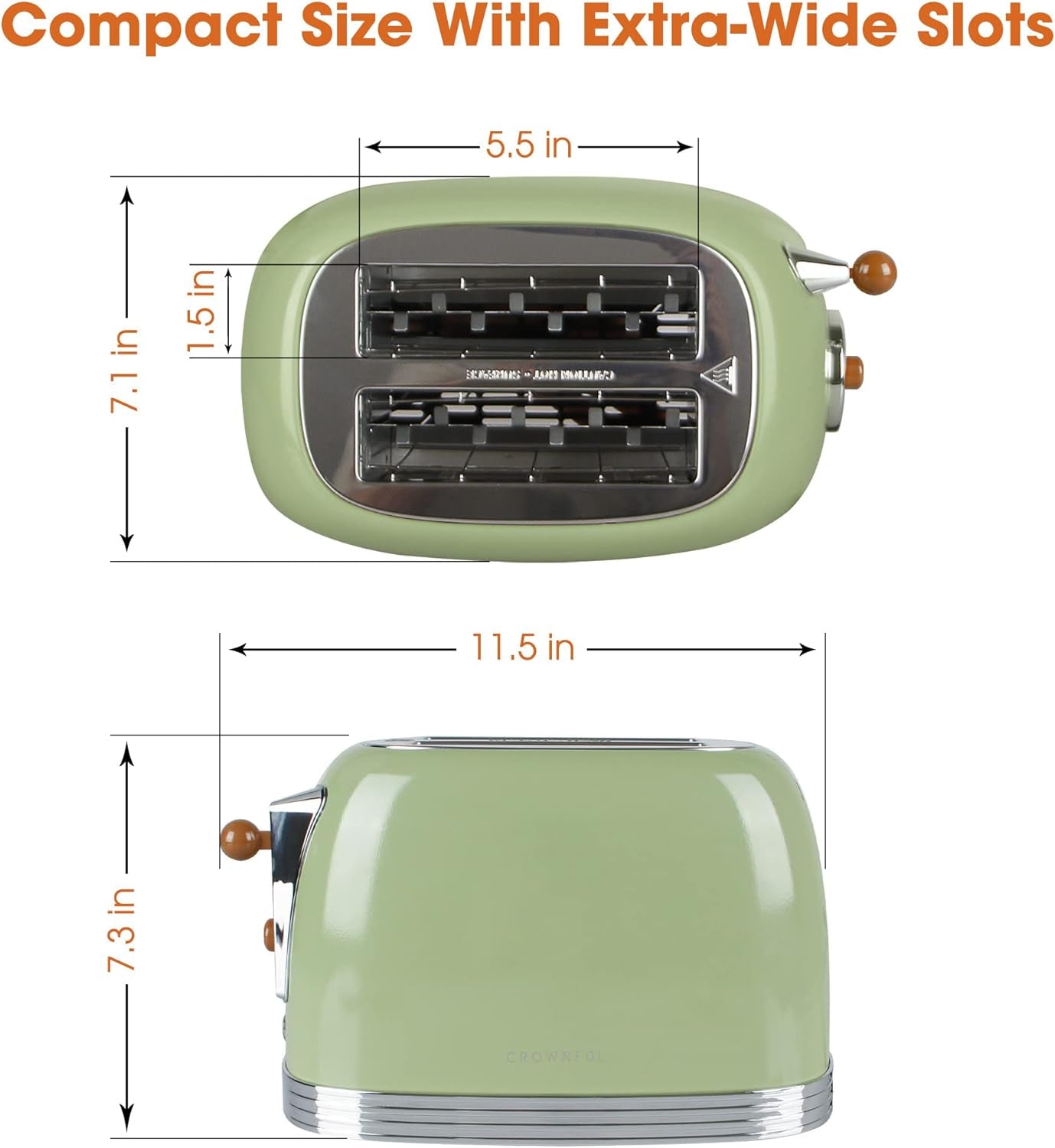 CROWNFUL 2-Slice Toaster, Extra Wide Slots Toaster, Retro Stainless Steel with Bagel, Cancel, Defrost, Reheat Function and 6-Shade Settings, Removal Crumb Tray, Green