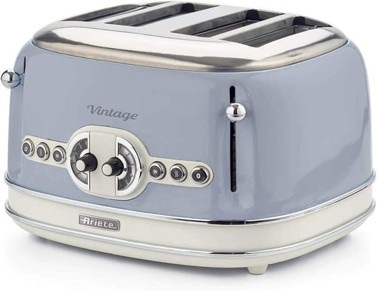 Ariete 156 Tostapane Vintage 4 Fette Di Pane - Senza Pinze - 6 Livelli Di Tostatura - Defrost - 1600 Watt - Linea Vintage - Celeste