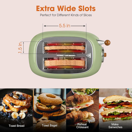 CROWNFUL 2-Slice Toaster, Extra Wide Slots Toaster, Retro Stainless Steel with Bagel, Cancel, Defrost, Reheat Function and 6-Shade Settings, Removal Crumb Tray, Green