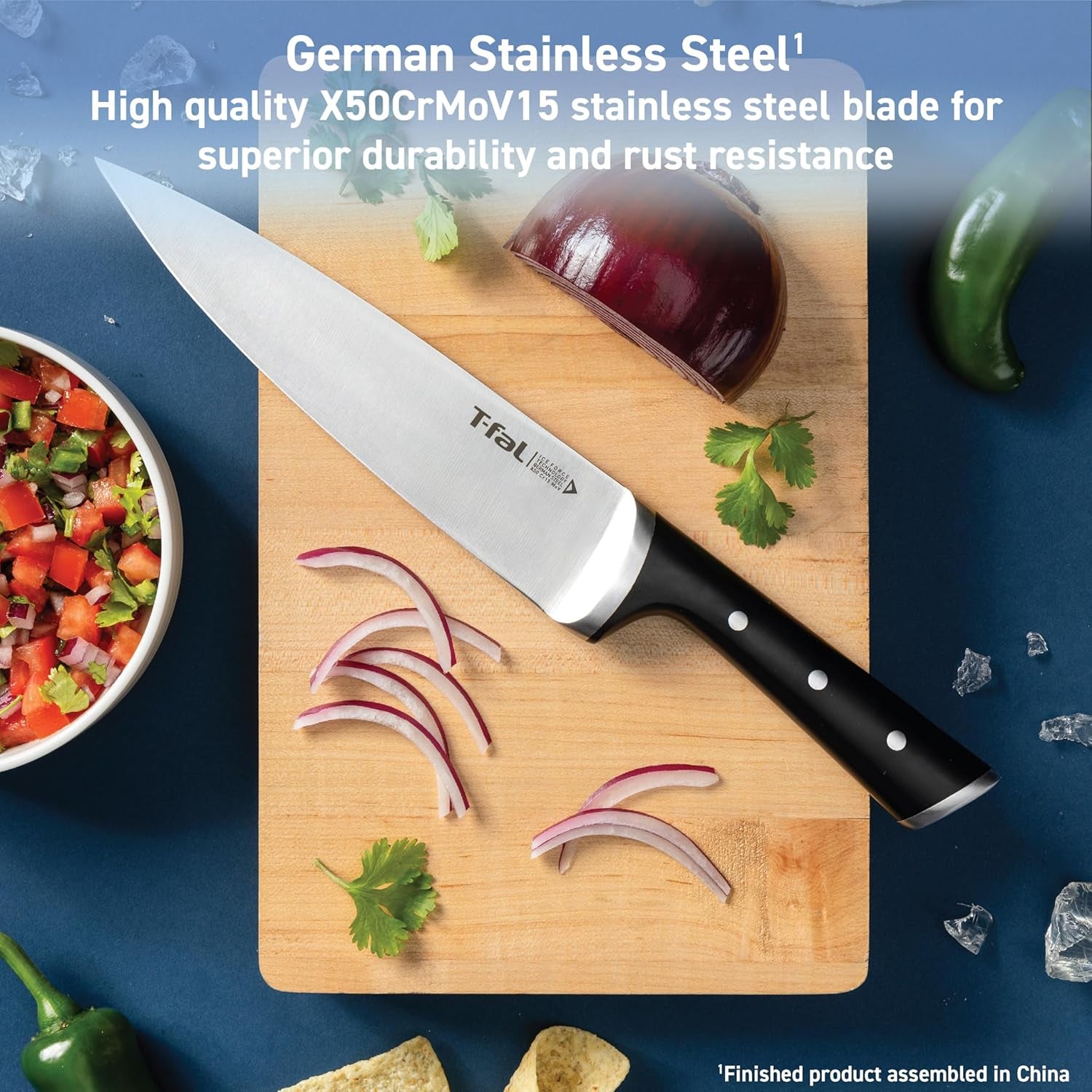 T-Fal Ice Force German Stainless Steel Kitchen Knife Set and Wood Block 11 Piece, Long Lasting Sharpness, High Cutting Precision, Superior Durability, Ultra Sharp Blades, Cookware Kitchen Gadget Black