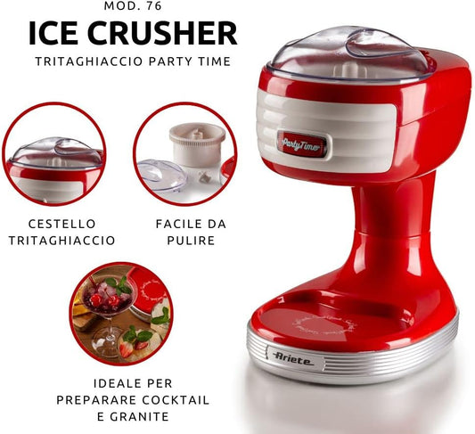 Ariete 76 Ice Crusher Party Time, Macchina per Tritare Il Ghiaccio, 30 W, Cestello Tritaghiaccio Removibile, Lame in Acciaio Inox, Rosso