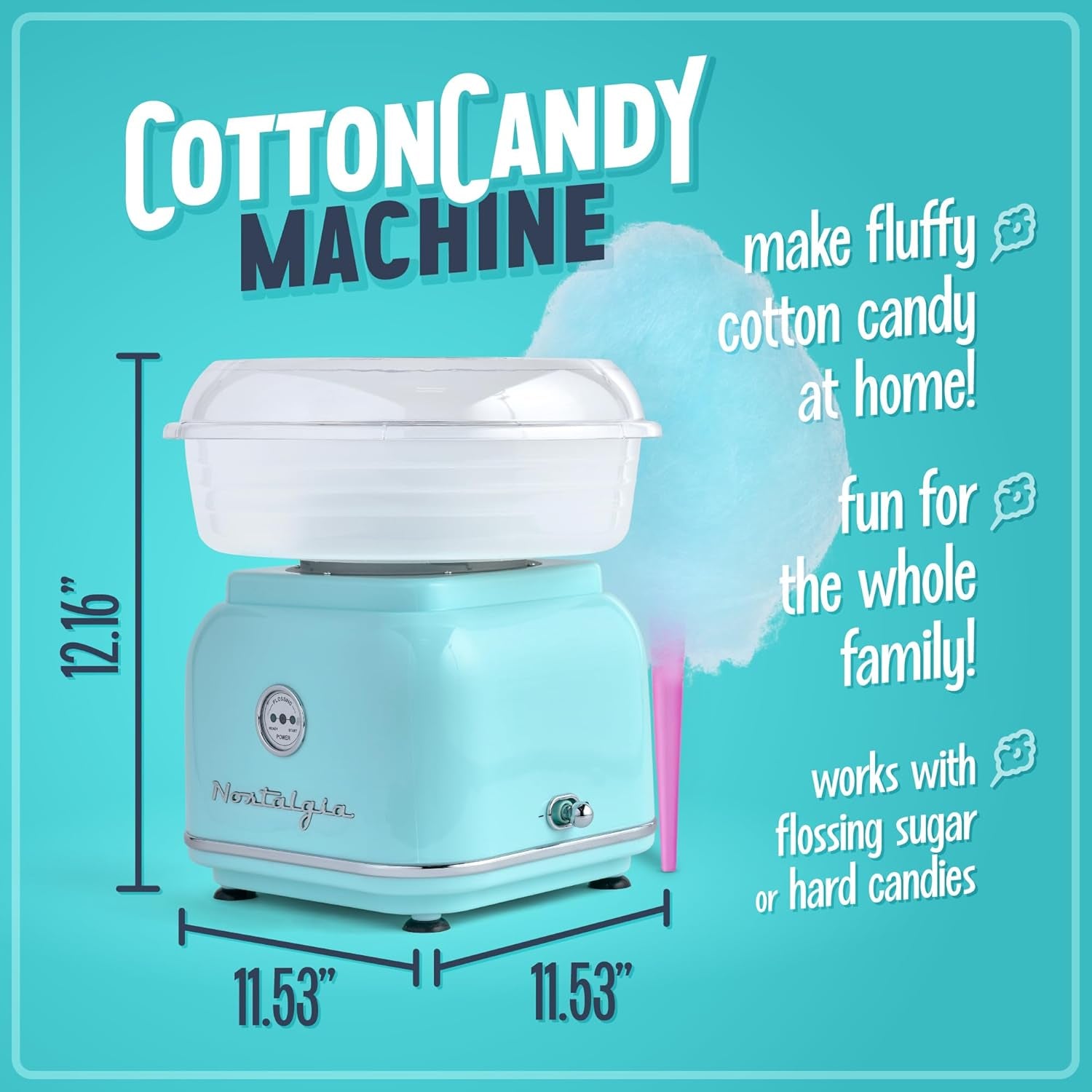 Nostalgia Classic Countertop Cotton Candy Machine, Manual, Retro Vintage Candy Maker Includes 2 Reusable Cones & Scoop, Aqua