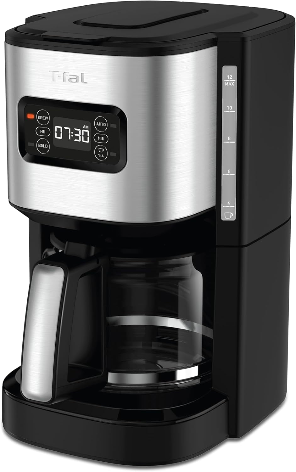 T-Fal Element Plastic and Stainless Steel Drip Coffee Machine 12 Cup Programmable, Reusable Filter, Pause and Brew, Glass Carafe 1000 Watts Coffer Maker, Filter Machine, Cold Brew, Black