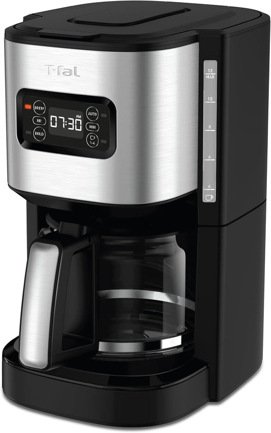 T-Fal Element Plastic and Stainless Steel Drip Coffee Machine 12 Cup Programmable, Reusable Filter, Pause and Brew, Glass Carafe 1000 Watts Coffer Maker, Filter Machine, Cold Brew, Black