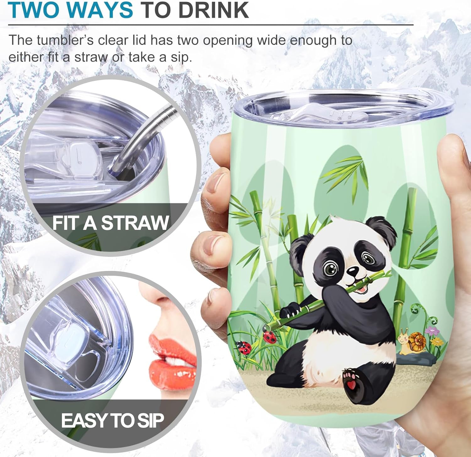 Nymphfable Coffee Mug with Lid and Straw Stainless Steel Panda 