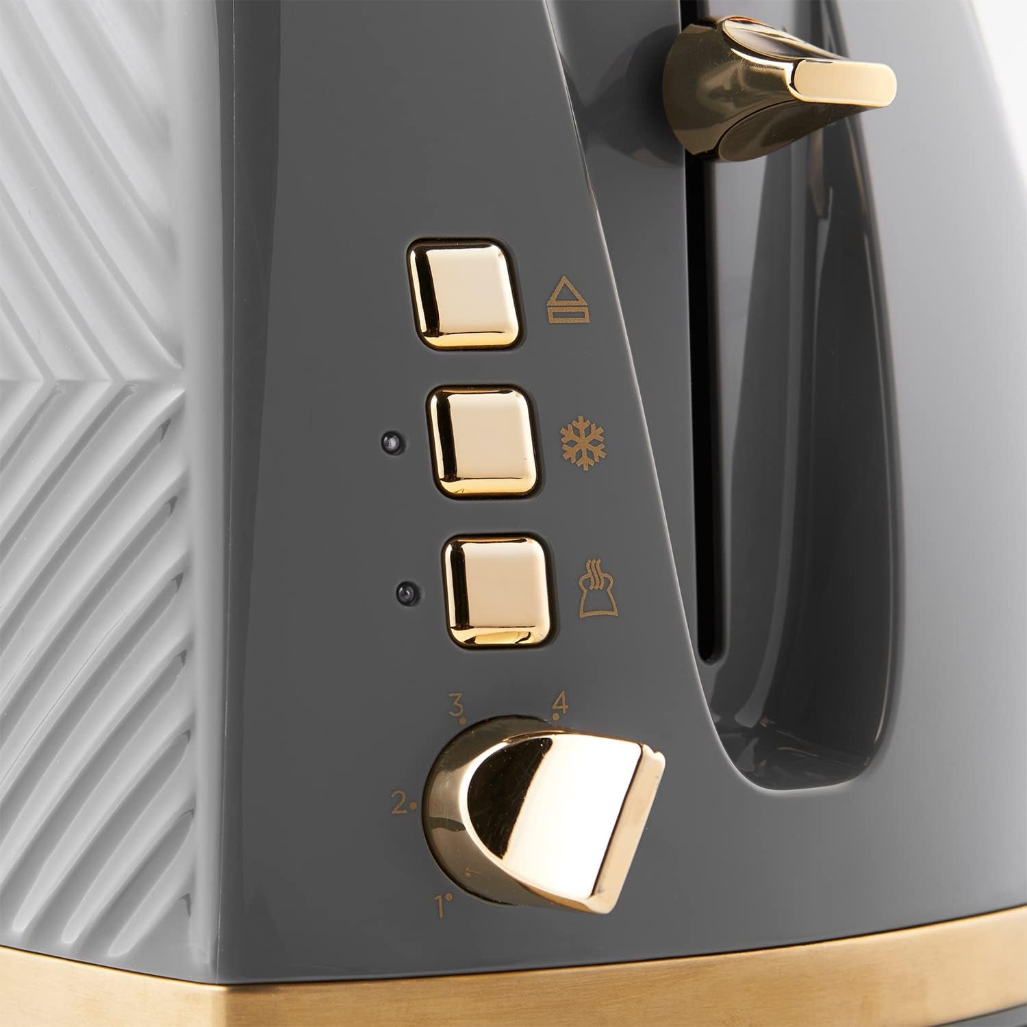 Groove 2 Slice Toaster (High Lift, Extra Wide Slots, 6 Browning Levels, Frozen/Cancel/Reheat Function - Illuminated Buttons, Removable Crumb Tray, 850W, Grey, Brushed Gold Accents) 26392