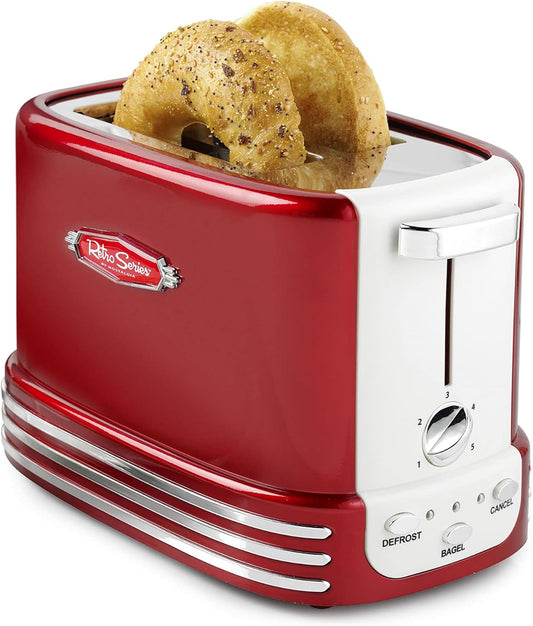 Nostalgia Retro Wide 2-Slice Toaster, Vintage Design with Crumb Tray, Cord Storage & 5 Toasting Levels, Red