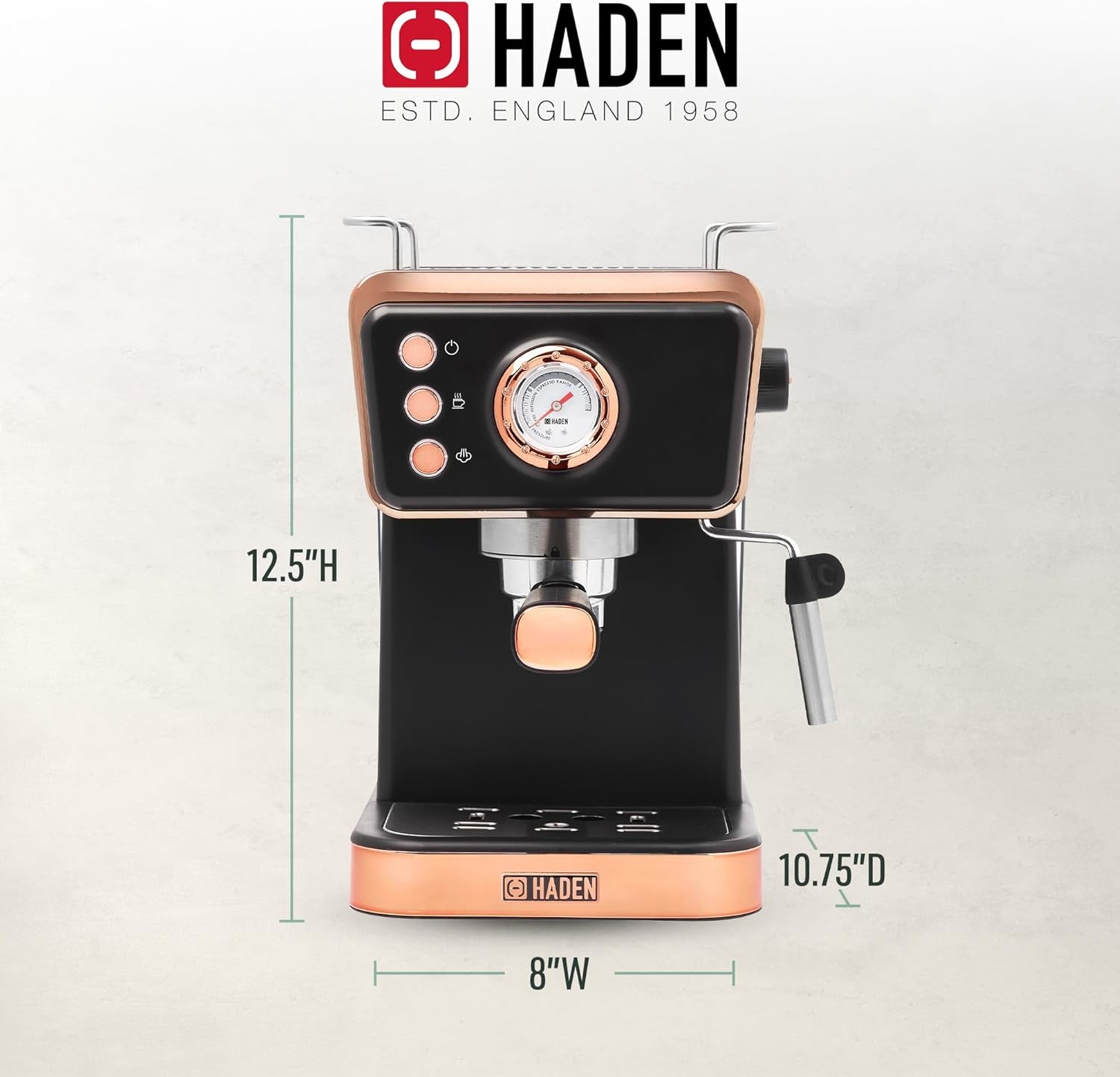 HADEN Barista Brew Espresso Coffee Machine Stainless Steel with Milk Frother and Steamer Function and 1.5L Water Tank Black & Copper