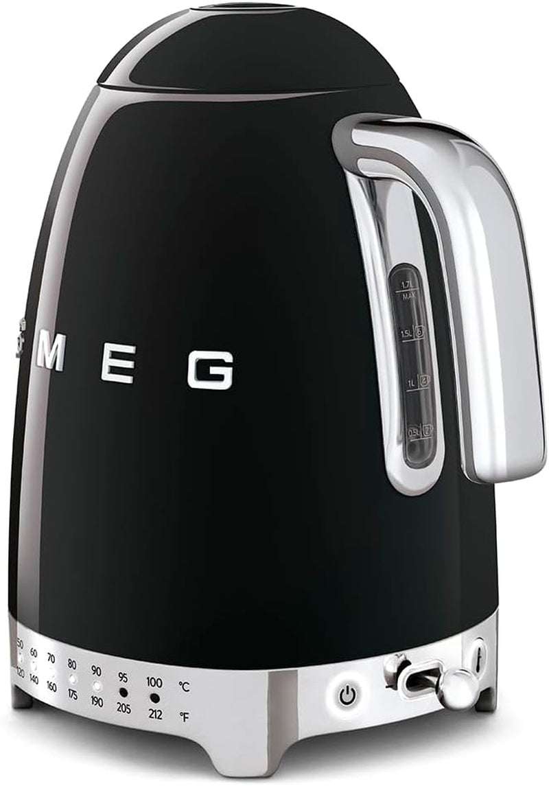 Smeg 50'S Retro 7 Cup Stainless Steel Variable Temperature Electric Kettle with 7 Temperature Settings, Led Display, Swivel Base and Keep Warm Function Black KLF04BLUS