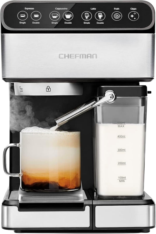 Chefman 6-In-1 Espresso Machine with Built-In Milk Frother, 15-BAR Pump, Digital Display, One-Touch Single or Double Shot for Cappuccinos and Lattes, XL 1.8-L Water Reservoir, Stainless Steel