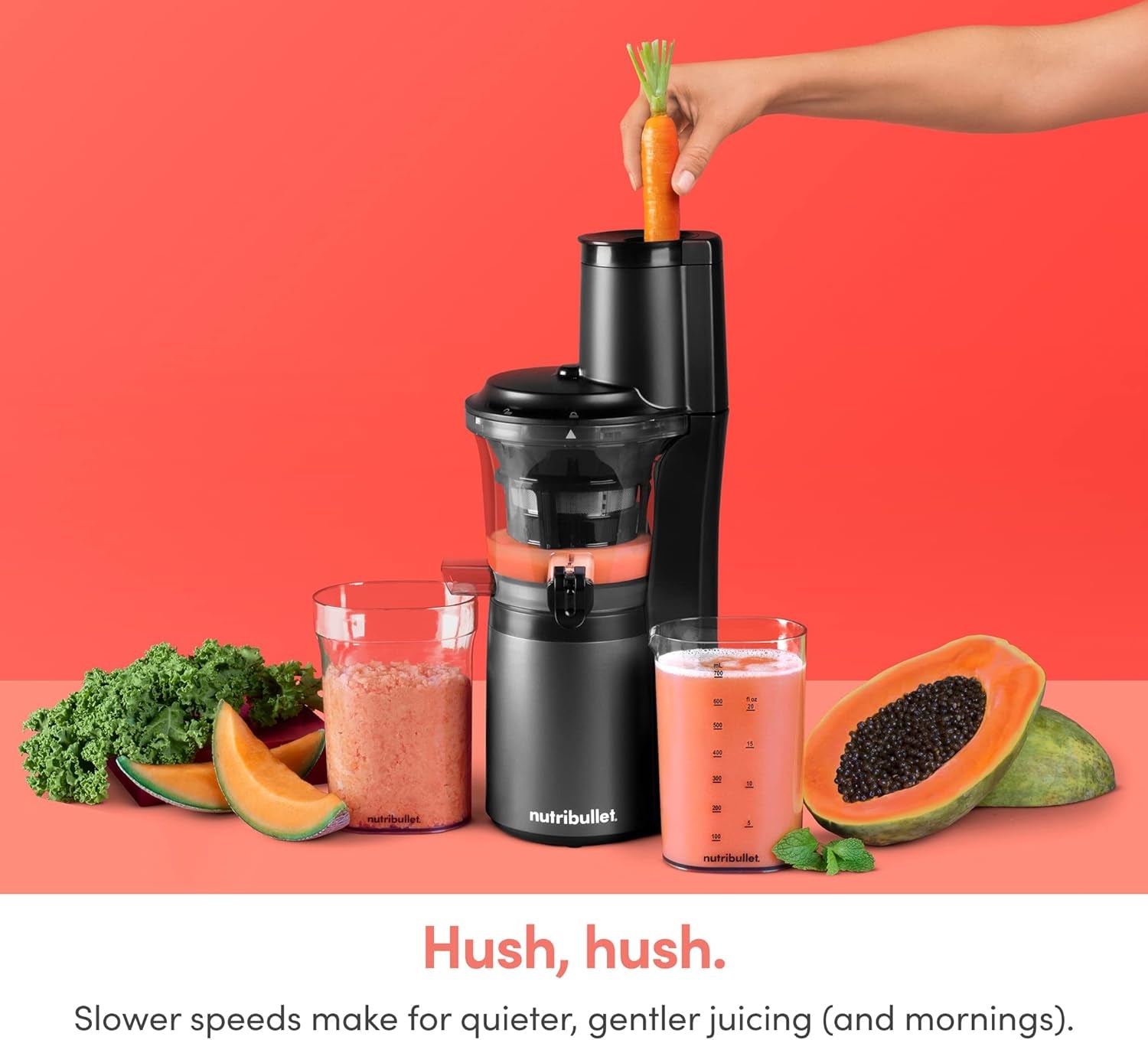 Nutribullet Slow Juicer, Slow Masticating Juicer Machine, Easy to Clean, Quiet Motor & Reverse Function, Bpa-Free, Cold Press Juicer with Brush, 150 Watts, Charcoal Black, NBJ50300, 24-Oz