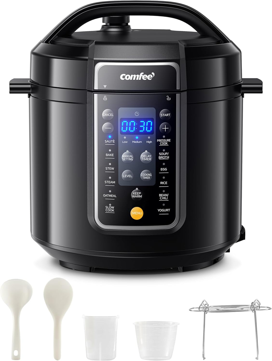 COMFEE’ 9-In-1 Electric Pressure Cooker 13 Presets Instant Multi Cooker Olla De Presion Slow Cooker Rice Cooker Steamer Sauté Yogurt Maker Non-Stick Pot 6 Quart Black, Aluminum