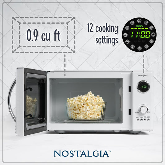 Nostalgia Retro Countertop Microwave Oven - Large 800-Watt - 0.9 Cu Ft - 12 Pre-Programmed Cooking Settings - Digital Clock - Kitchen Appliances - White