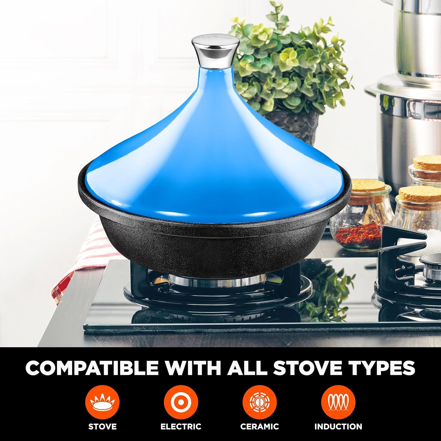 Nutrichef Cast Iron Moroccan Tagine - 11.6 Inch Tajine Cooking Pot with Stainless Steel Knob, Enameled Base, Cone-Shaped Enameled Lid - Oven and Dishwasher Safe - 2.75 Quart, Blue