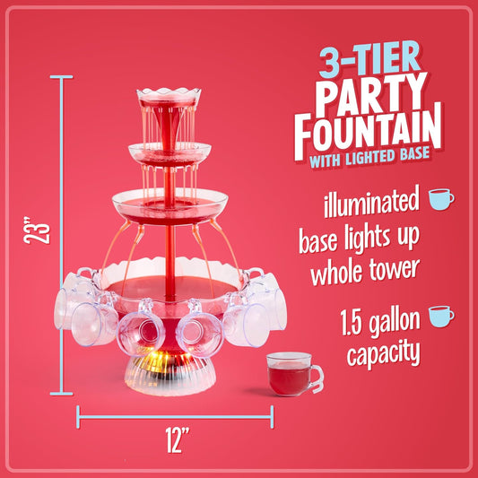 Nostalgia LPF230 3-Tier Lighted Party Fountain, Holds 1.5 Gallons, LED Lighted Base, Includes 8 Reusable Cups