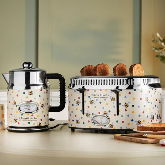 Emma Bridgewater Bumble Bee & Polka Dot 4 Slice Toaster (Countdown Gauge Shows Time Remaining, Independent & Wide Slots, Lift & Look Feature, 6 Browning Settings, 2400W, Cream) 27250