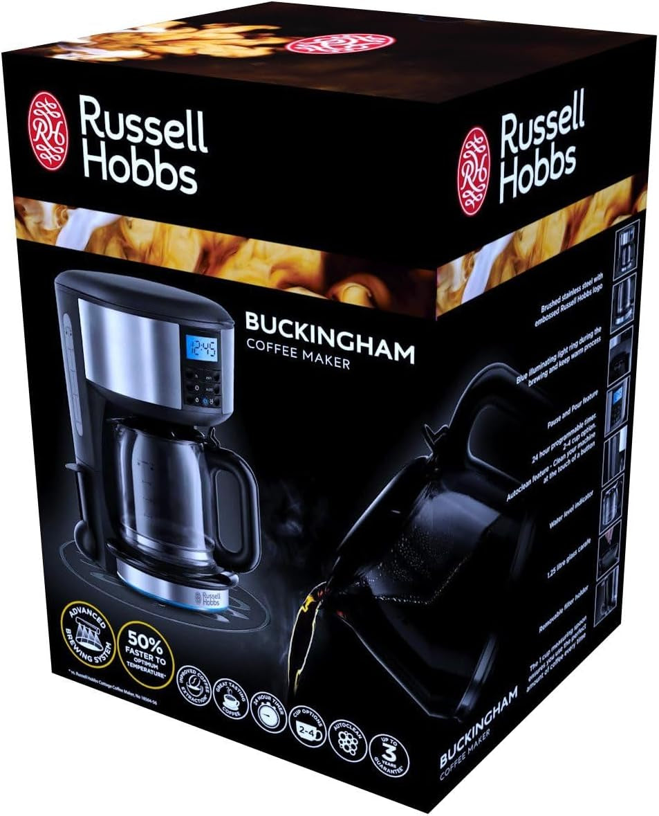 Buckingham Filter Coffee Machine, 1.25L Carafe/10 Cups, 1-4 Cup Brewing Option, Fast Brew, 24Hr Timer, 40Min Keep Warm, Pause & Pour, Washable Filter, Auto Clean, 1000W, 20680