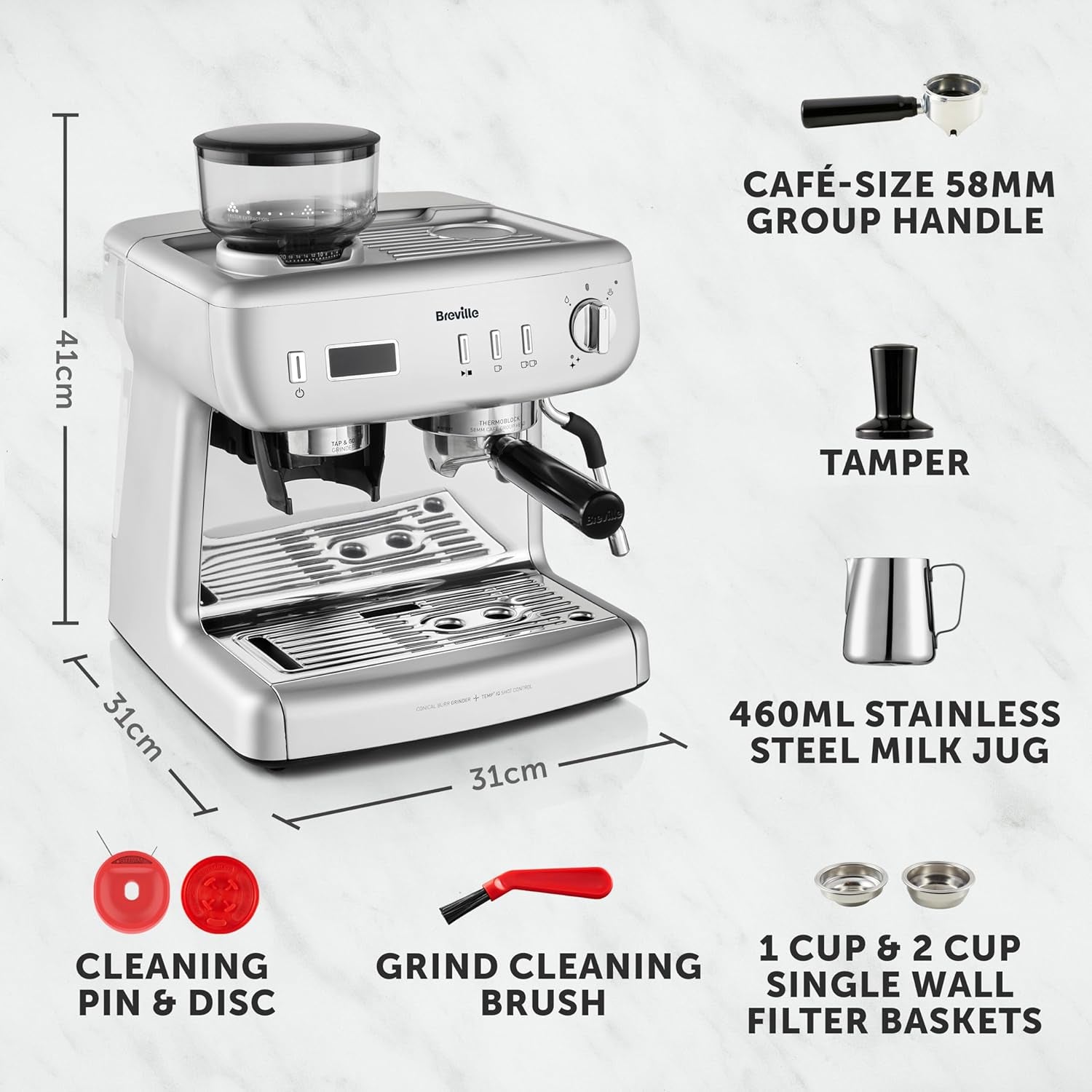 Barista Max+ Espresso, Latte & Cappuccino Coffee Machine, Intelligent Grind & Dosage, Precision Extraction Timer, Integrated Milk Frother,15 Bar Italian Pump, Silver [VCF153]