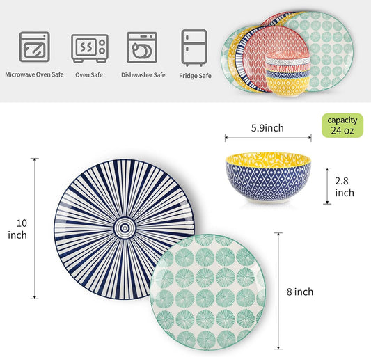 Selamica Ceramic 12-Pieces Dinnerware Sets, Ceramic Dish Plates and Bowls Sets, Service for 4, Dinner Salad Dessert Plates, and Cereal Bowls Set, Assorted Colors