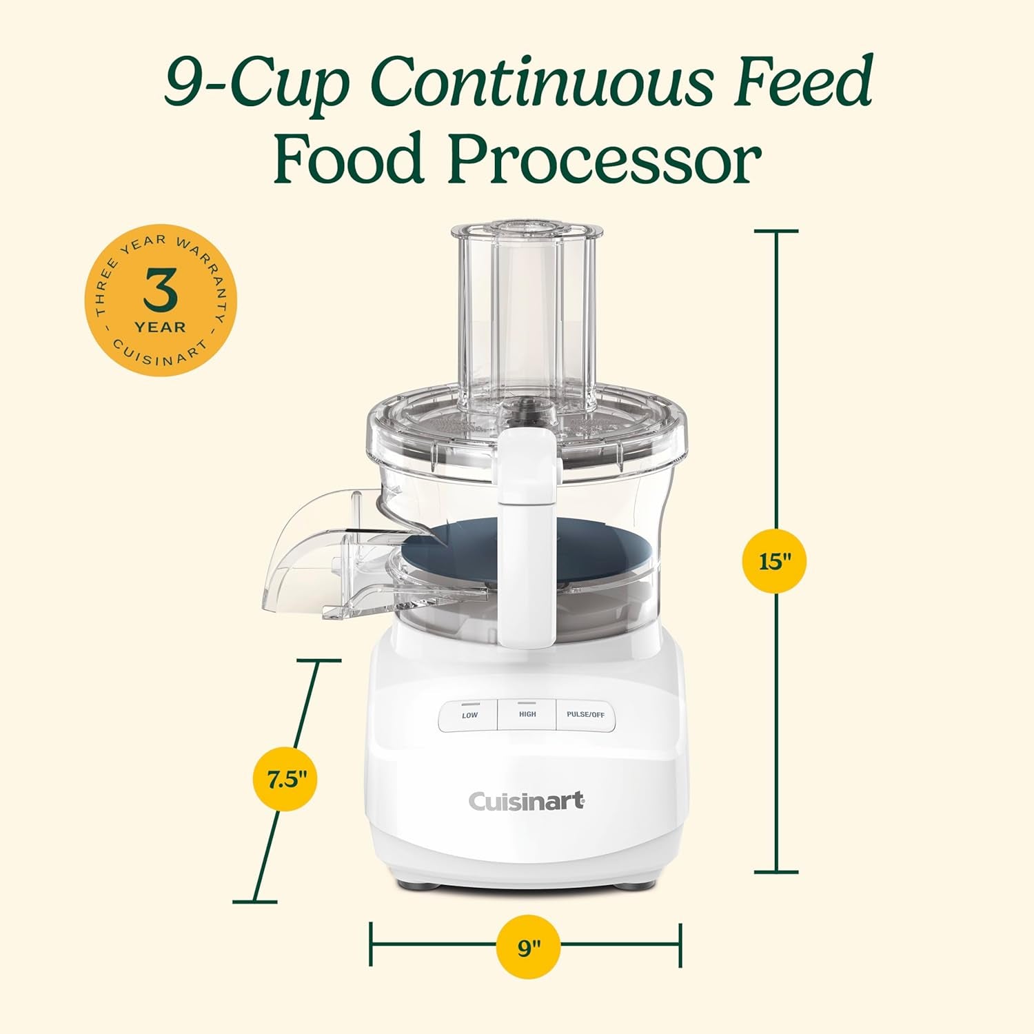 Cuisinart 9-Cup Continuous Feed Food Processor with Fine and Medium Reversible Shredding and Slicing Disc, Universal Blade, Continuous-Feed Attachment, and In-Bowl Storage (White)