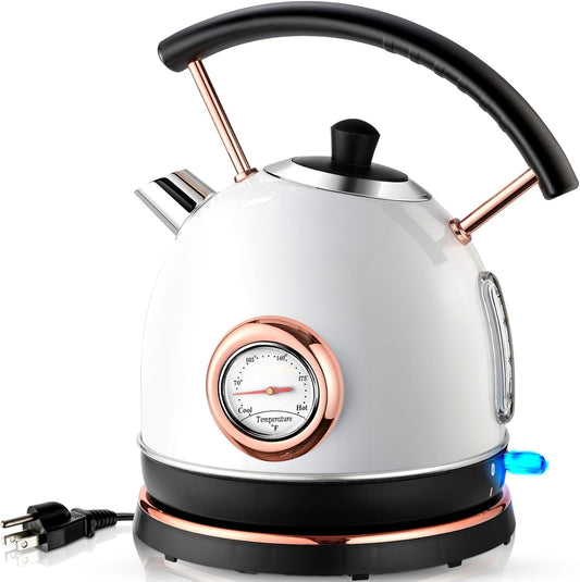 Retro Electric Kettle Stainless Steel 1.7L Tea Kettle, Hot Water Boiler with Temperature Gauge, Led Light, Fast Boiling, Auto Shut-Off&Boil-Dry Protection (White)