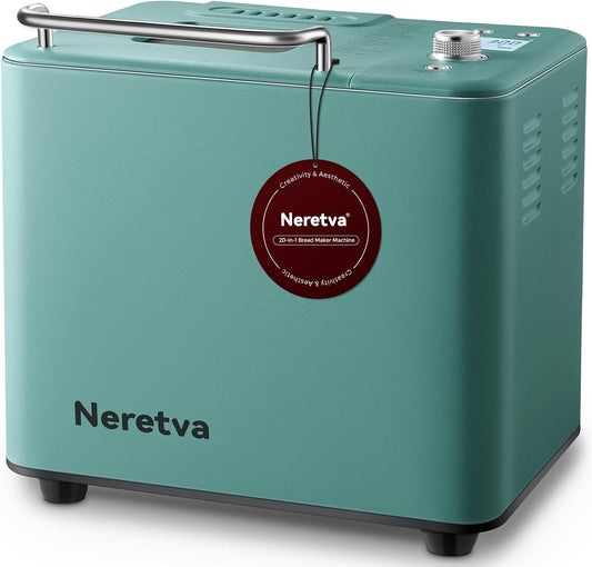 Neretva 20-IN-1 Bread Maker, Dual Heater 2LB Bread Machine Metal Material & Nonstick Ceramic Pan Compact Bread Maker Machines with Gluten Free White Wheat Rye French Pizza Breadmaker Recipe- Green