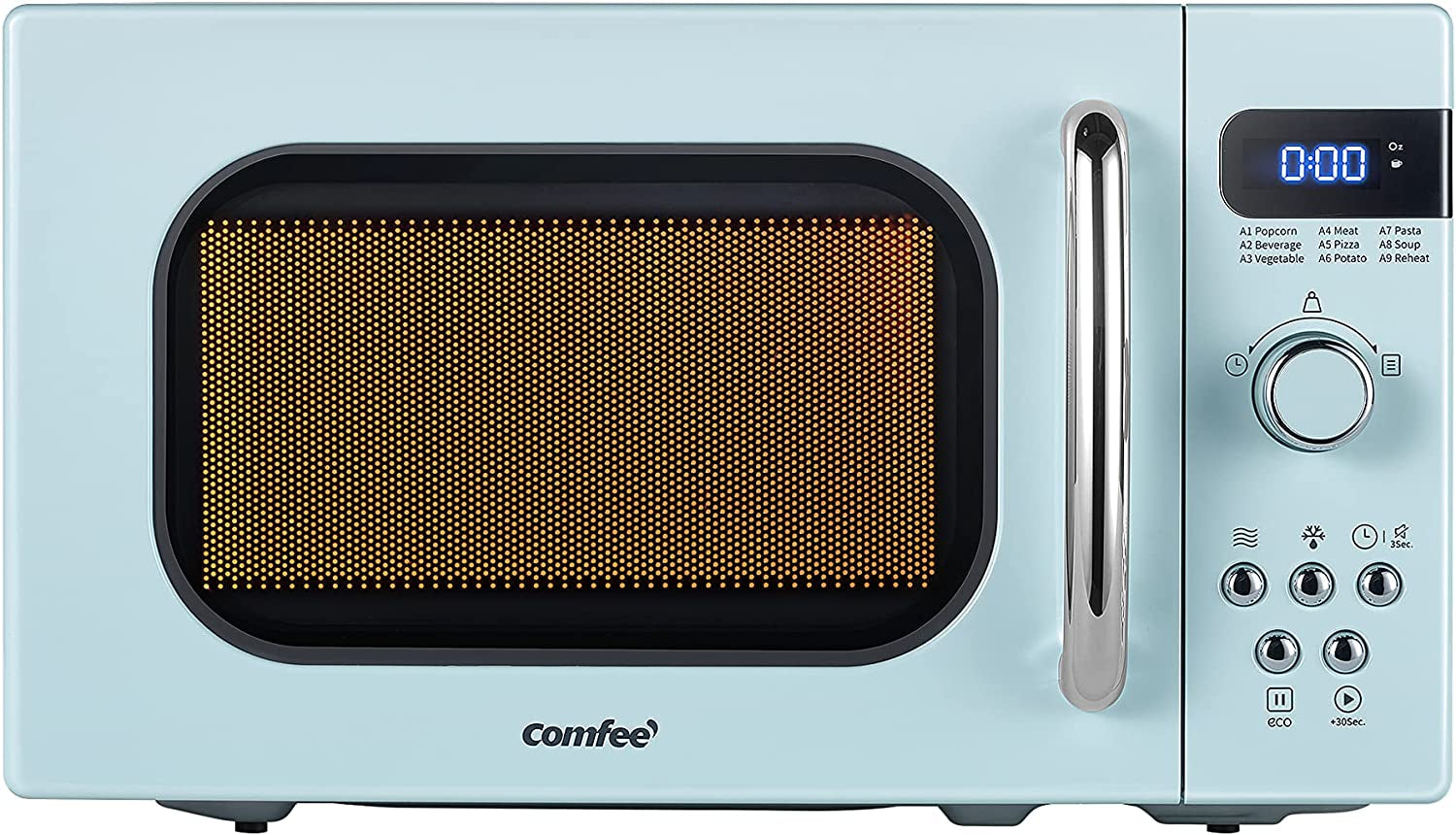 COMFEE' Retro Small Microwave Oven with Compact Size, 9 Preset Menus, Position-Memory Turntable, Mute Function, Countertop Microwave for Small Spaces, 0.7 Cu Ft/700W, Green, AM720C2RA-G