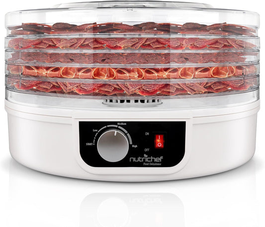 Nutrichef Food Dehydrator - Dehydrate Beef Jerky, Meat, Mushrooms, Fruits & Vegetables at Home | Utilizes High-Heat Circulation for Even Dehydration | Includes 5 Easy-To-Clean Trays | White