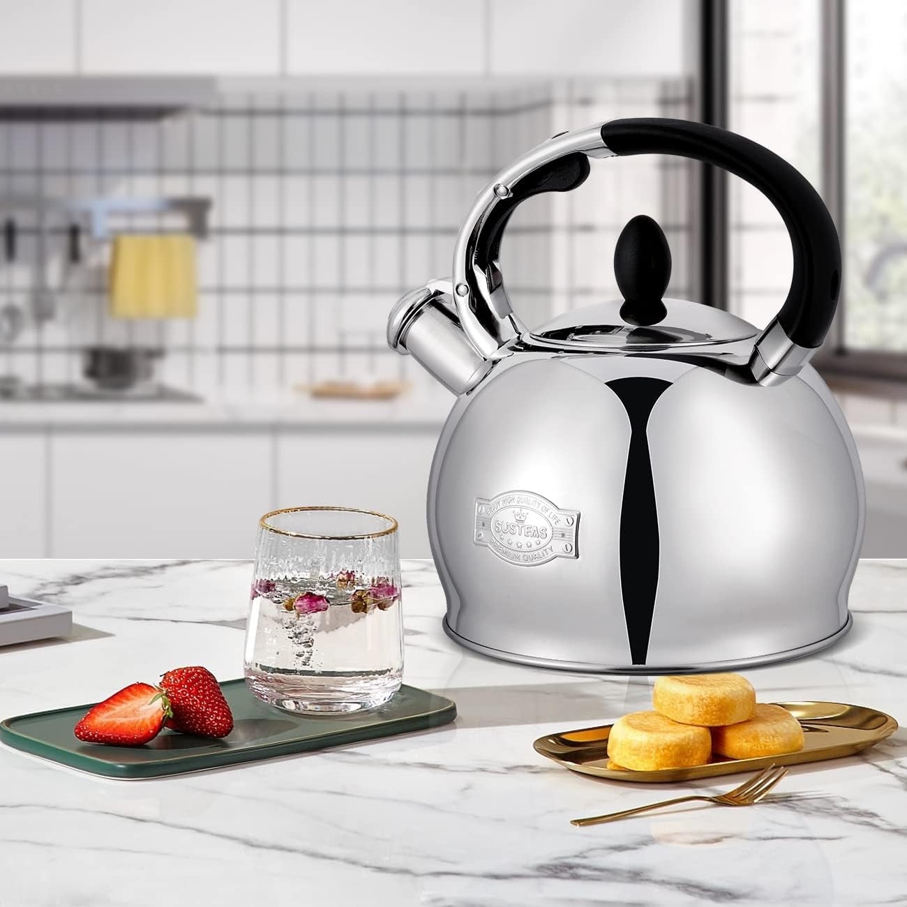 SUSTEAS Stove Top Whistling Tea Kettle - Food Grade Stainless Steel Teakettle Teapot with Cool Touch Ergonomic Handle, with 1 Silicone Pinch Mitt Included,2.64 Quart(Silver)