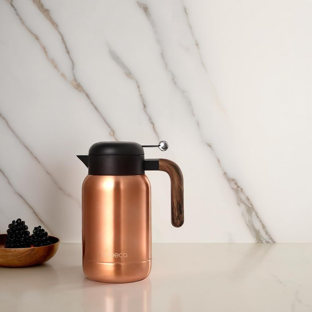 Aura Thermal Coffee Carafe Tea Pot for Keeping Hot & Iced Cold - Vacuum Insulated - Thermos Water Pitcher - Beverage Dispenser - Cool Touch Handle & Lid - BPA Free - 1.5 Liter - Copper