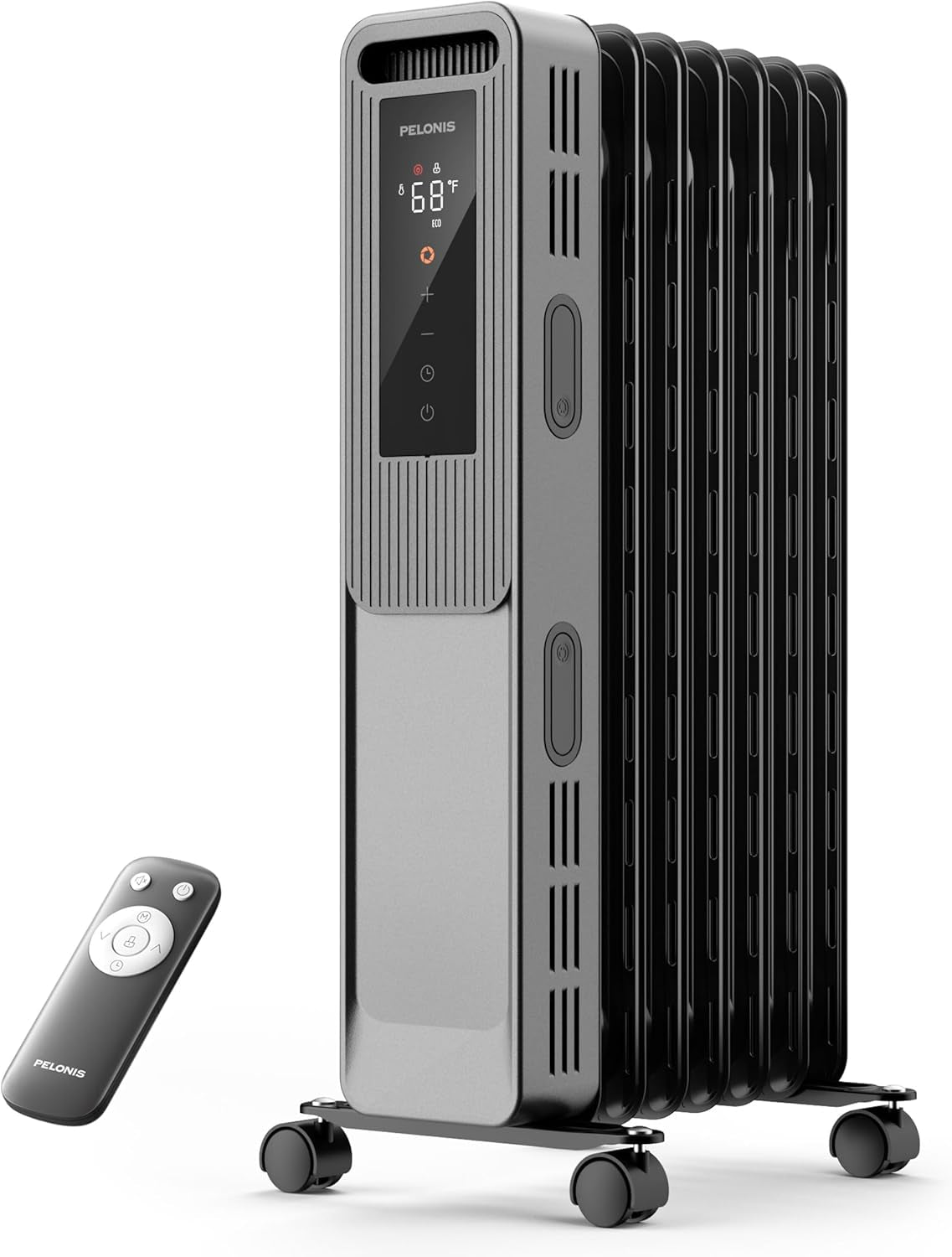 PELONIS Oil Filled Radiator, Electric Space Heater for Indoor Use Large Room with Thermostat & Remote, 3 Modes & 3 Heat Settings, ECO Mode, 24H Timer, Quiet, Overheat & Tip-Over Protection, 1500W