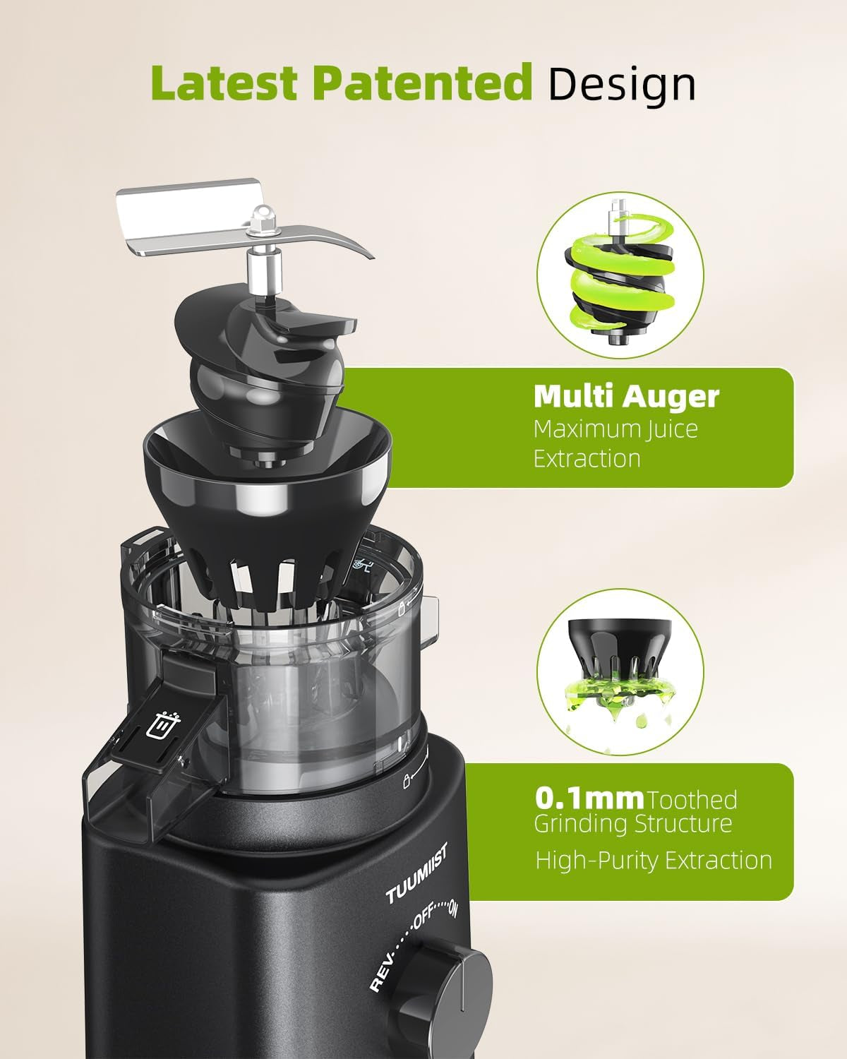 Juicer Machines, TUUMIIST Cold Press Juicer with 4.25'' Large Feed Chute Fit Whole Vegetable and Fruit, Masticating Juicer Easy to Clean, BPA Free (Black)