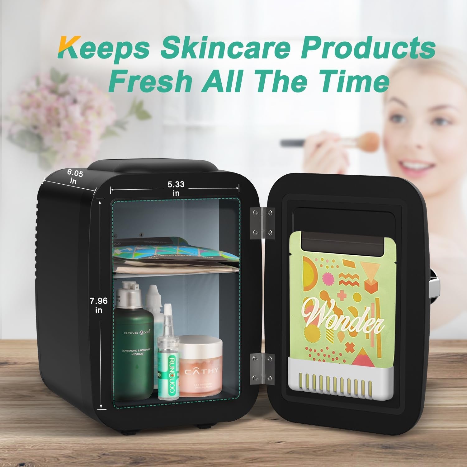 CROWNFUL Mini Fridge 4 Liter 6 Can Portable Cooler and Warmer Fridge for Skin Care & Cosmetics (Black)