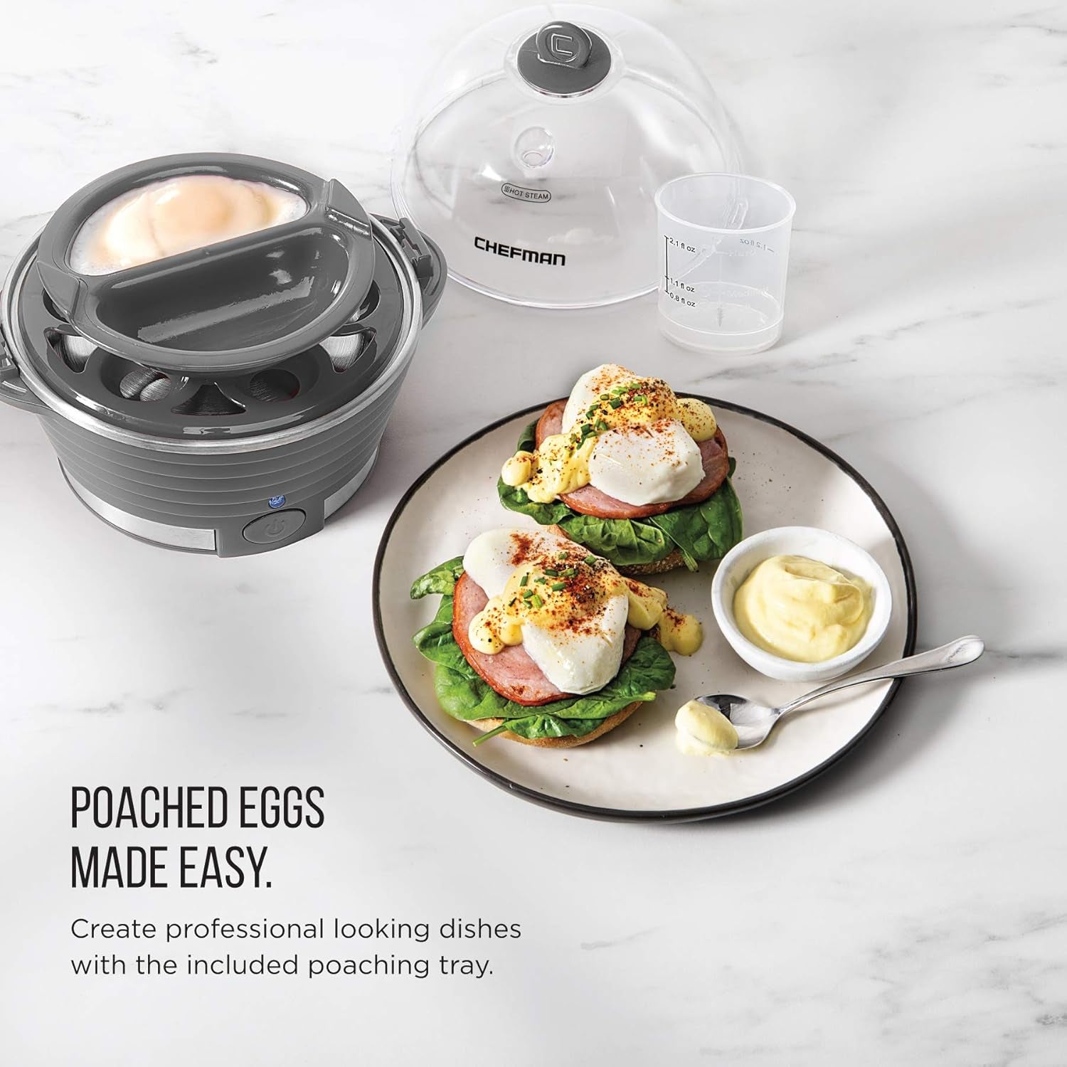 Chefman Electric Egg Cooker Boiler, Rapid Egg-Maker & Poacher, Food & Vegetable Steamer, Quickly Makes 6 Eggs, Hard, Medium or Soft Boiled, Poaching/Omelet Tray Included, Ready Signal, Bpa-Free, Grey