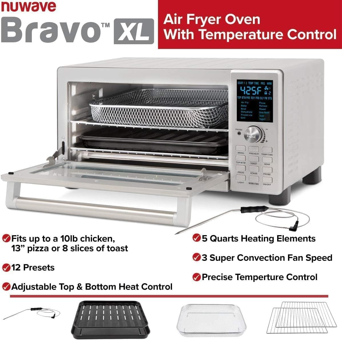 Nuwave Bravo Air Fryer Toaster Smart Oven, 12-In-1 Countertop Convection, 30-QT XL Capacity, 50°-500°F Temperature Controls, Top and Bottom Heater Adjustments 0%-100%, Brushed Stainless Steel Look